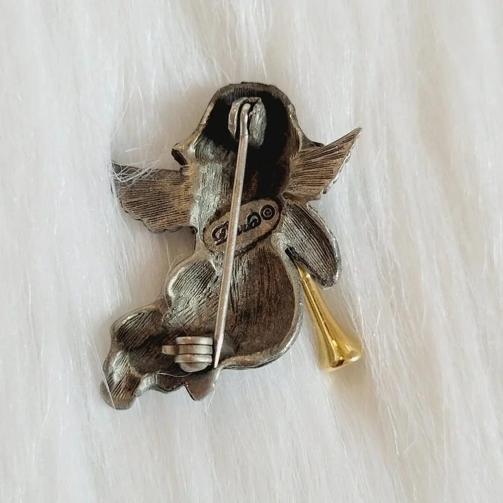 Vintage Daria Signed Pewter Angel Playing Gold Tone Horn 1.25